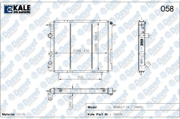 KALE 0508062PA Radyator (108400) 2 Sira Cu+Pl Sistem R19 1.4gts/Inj (Bakir)
